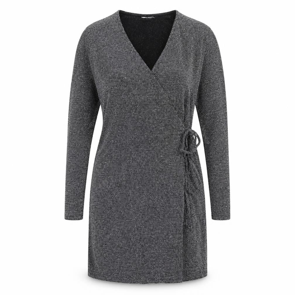 Front view of H&M women’s grey polyamide wrap dress, size M, v-neck tie