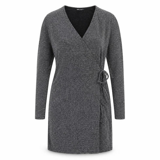 Front view of H&M women’s grey polyamide wrap dress, size M, v-neck tie