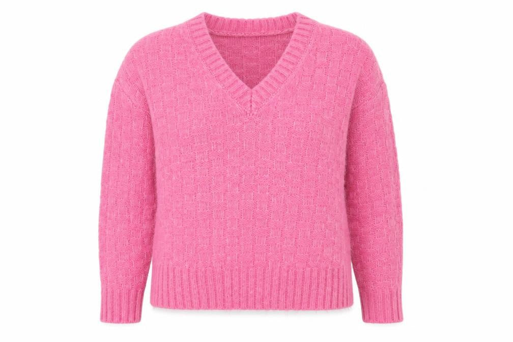 Front view of Marks & Spencer women’s pink v-neck acrylic jumper, size M, - textured