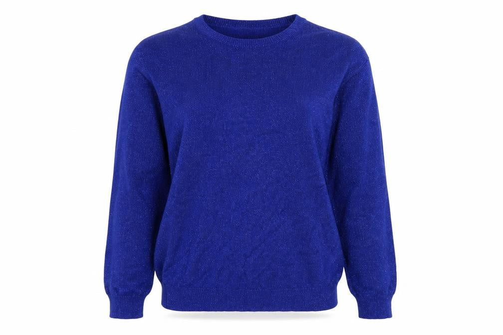 Front view of Topshop women’s blue round neck viscose jumper, size UK 8