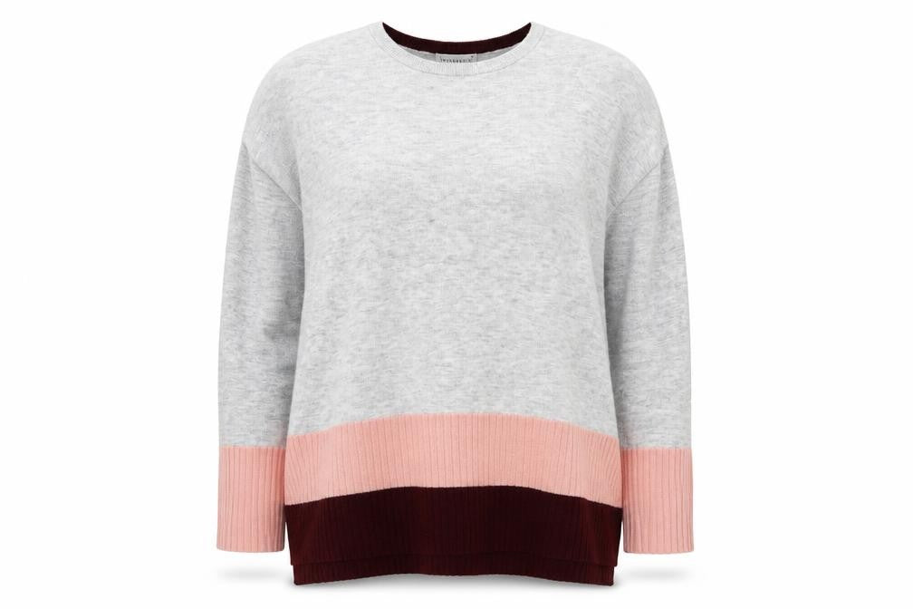 Front view of Warehouse women’s grey crew neck polyester jumper, size UK 12