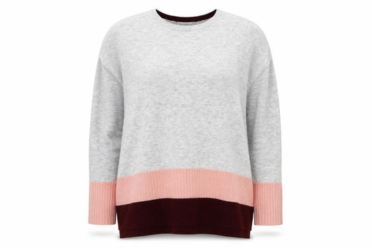 Front view of Warehouse women’s grey crew neck polyester jumper, size UK 12
