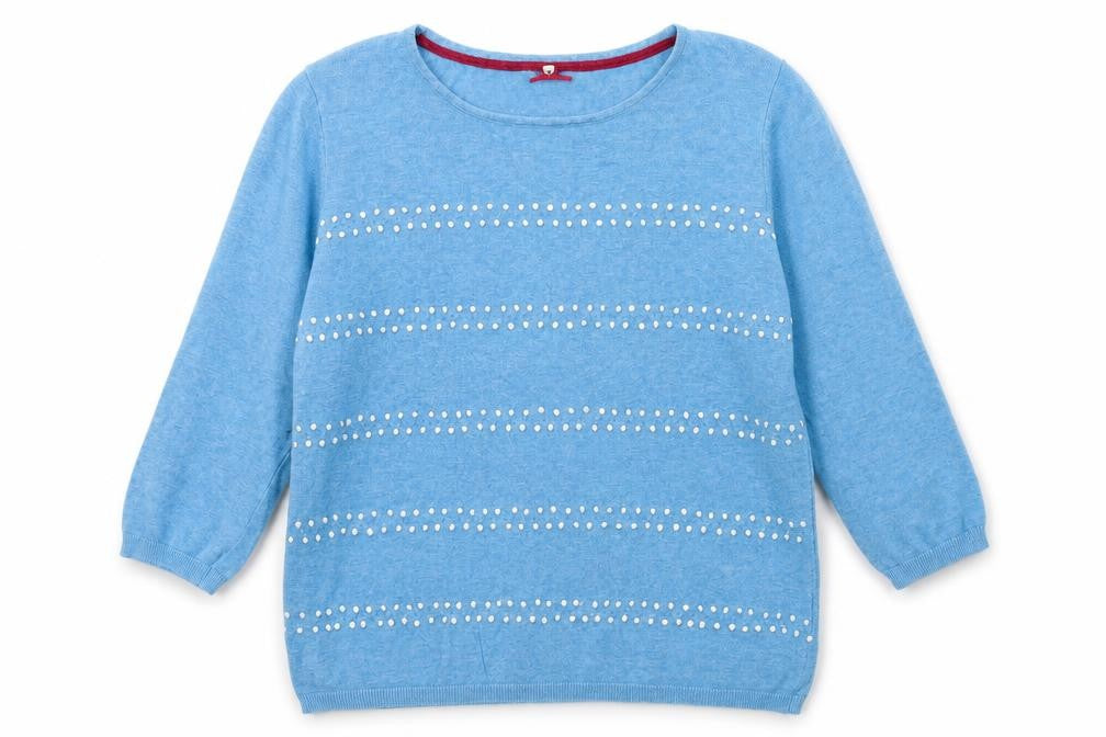 Front view of Ness women’s blue boat neck geometric cotton jumper, size XL, - textured