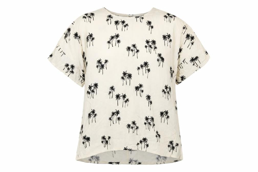 Front view of H&M women’s ivory geometric viscose basic blouse, size UK 10, round neck - palm trees