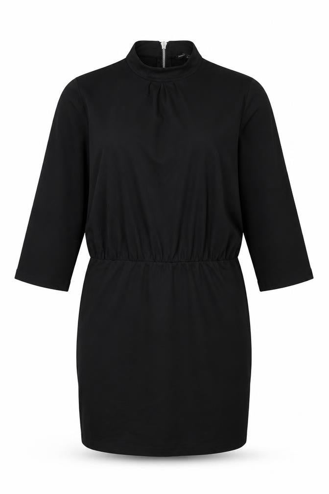 Front view of Moss Copenhagen women’s black polyamide shift, size M, round neck zip