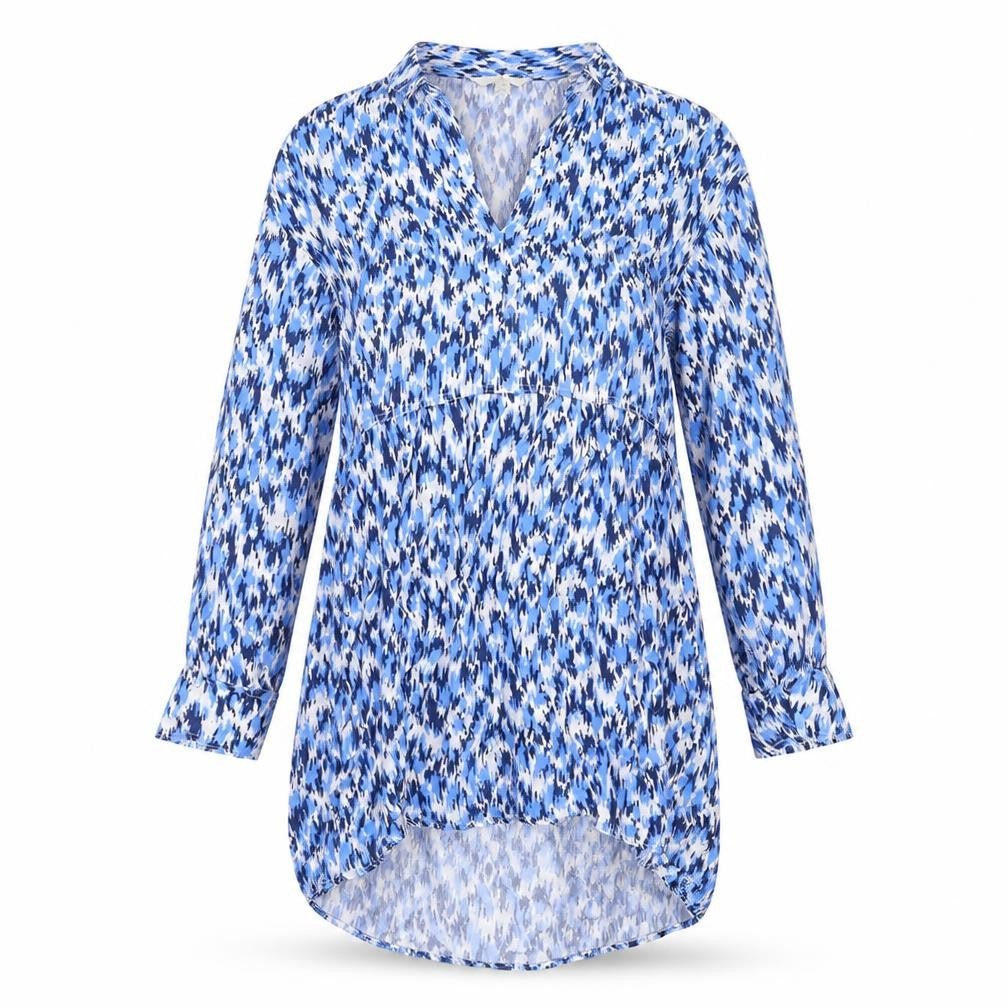 Front view of H&M women’s blue geometric viscose shirt dress, size S, collared pullover