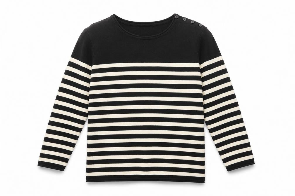Front view of H&M women’s black boat neck striped acrylic jumper, size XS
