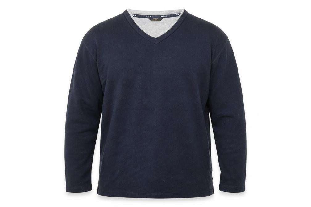 Front view of Marks & Spencer men’s blue viscose pullover sweatshirt, size L, push lock