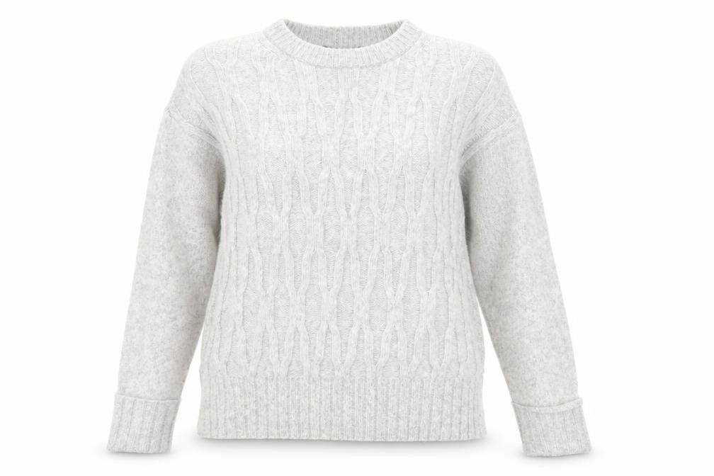 Front view of Marks & Spencer women’s grey crew neck polyester jumper, size XS, - textured