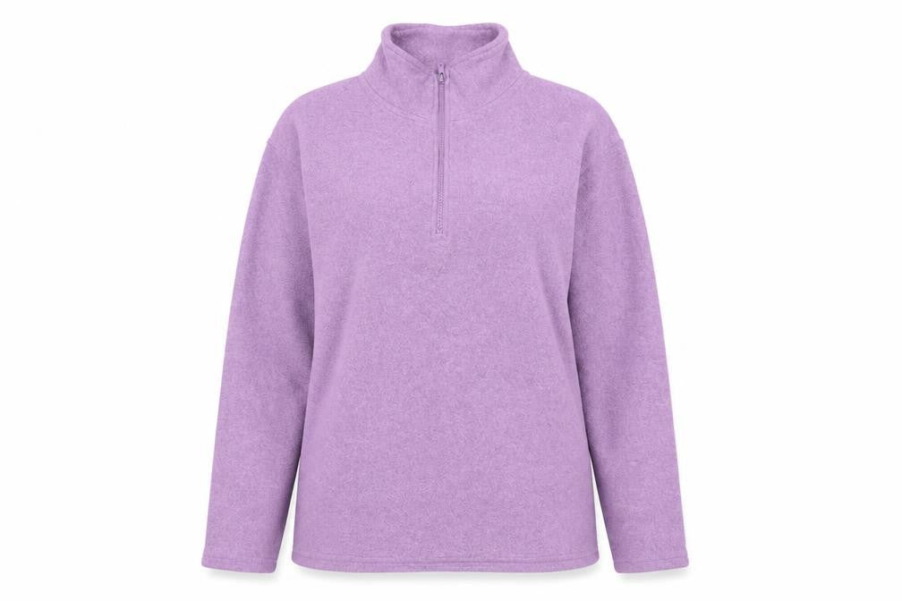 Front view of YS Collection women’s purple polyester pullover sweatshirt, size S, zip