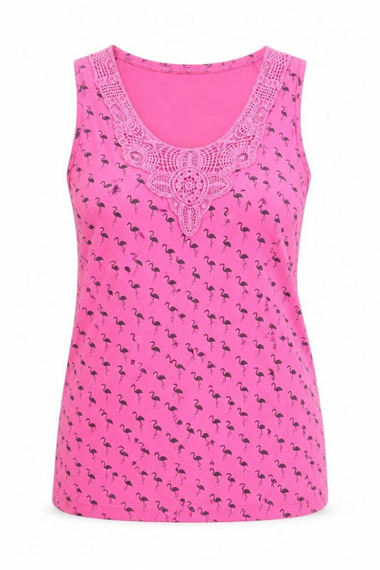 Front view of M&Co women’s pink geometric cotton basic tank, size UK 12, round neck - crochet detail, flamingo pattern