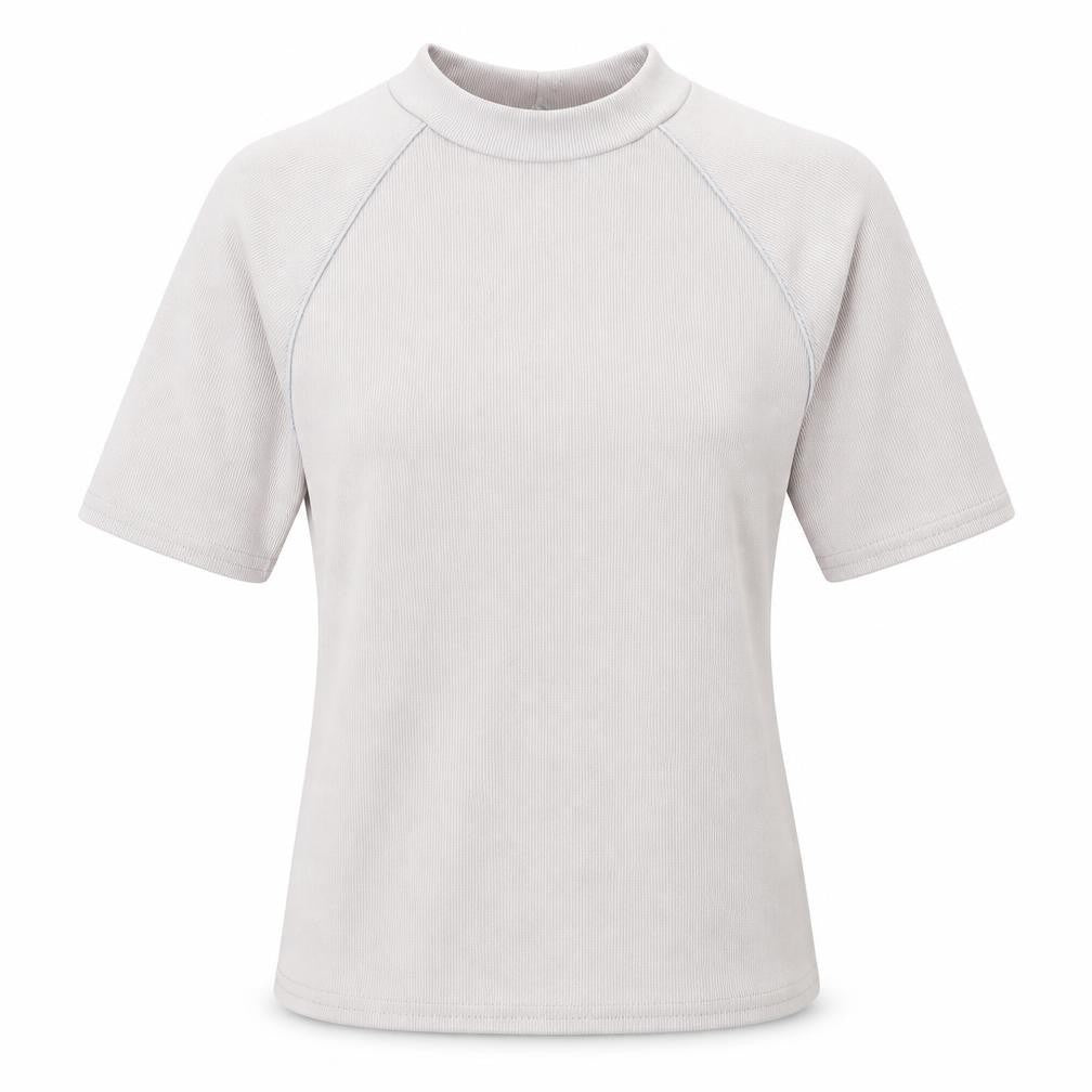 Front view of ASOS women’s grey polyester basic t-shirt, size UK 12, mock neck