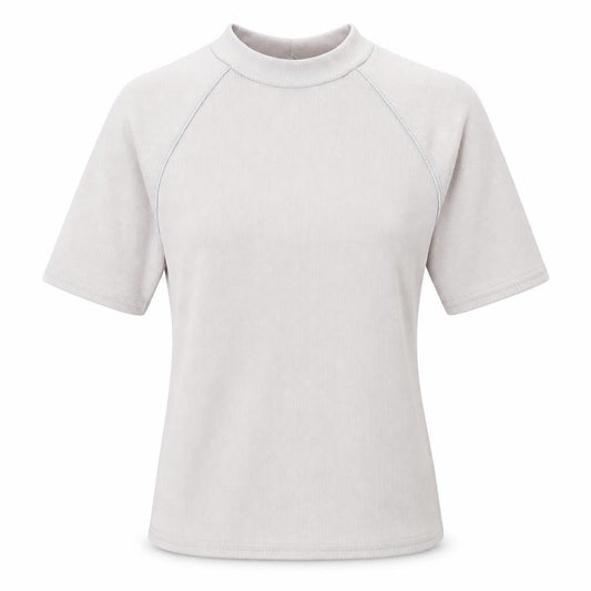 Front view of ASOS women’s grey polyester basic t-shirt, size UK 12, mock neck