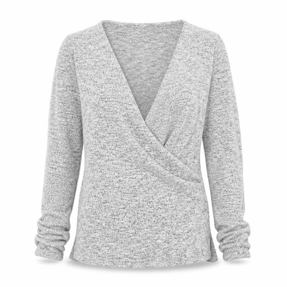 Front view of Dorothy Perkins women’s grey v-neck polyester jumper, size UK 8, - wrap style