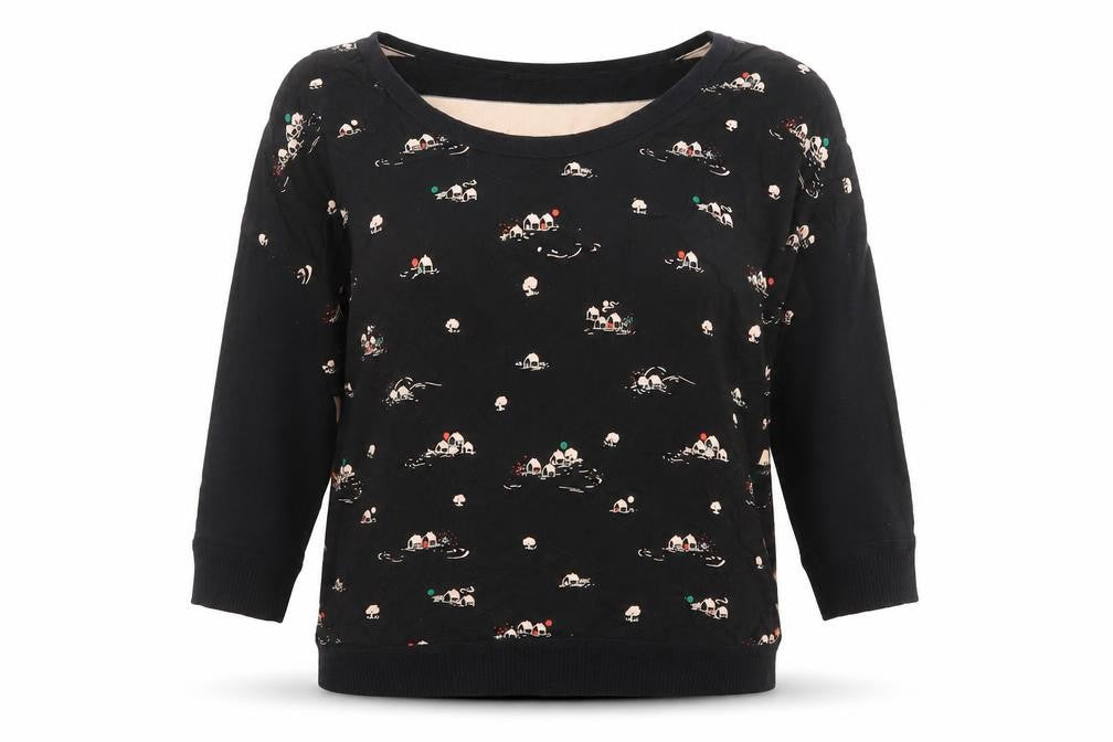 Front view of Great Plains women’s black boat neck geometric modal jumper, size M