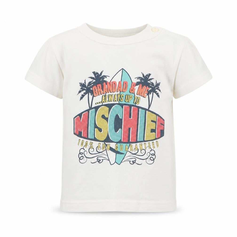 Front view of M&Co boys’ white cotton pullover t-shirt, size 2-3, years crew neck button - mischief