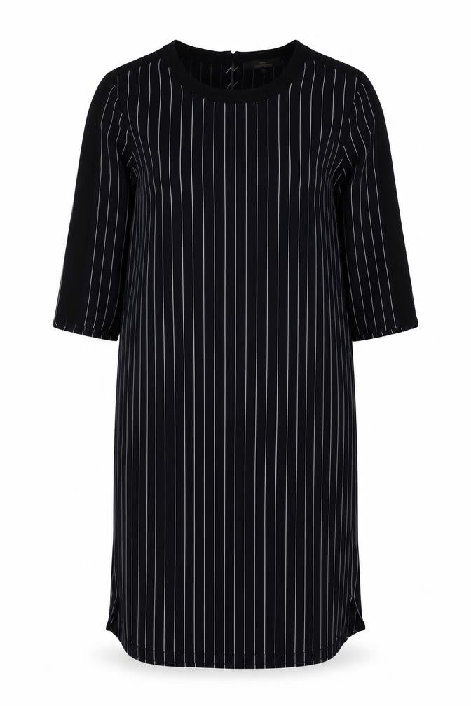 Front view of Next women’s blue striped polyester shirt dress, size UK 10, round neck button
