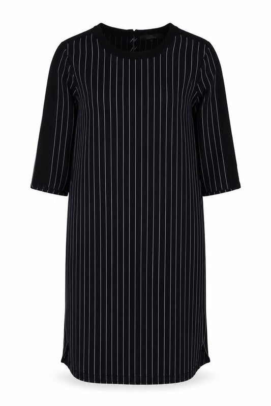 Front view of Next women’s blue striped polyester shirt dress, size UK 10, round neck button