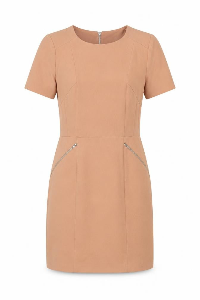 Front view of Oasis women’s beige polyester shift, size UK 10, round neck zip