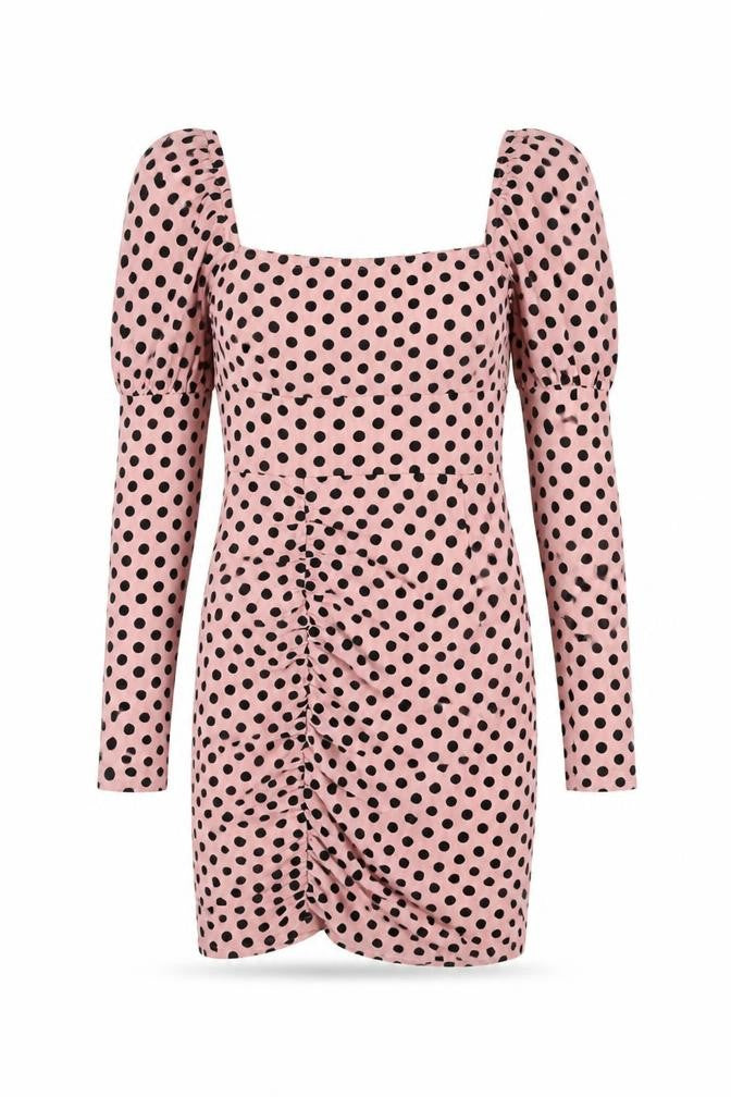 Front view of Quiz women’s pink polka dot polyester bodycon, size UK 8, square neck zip