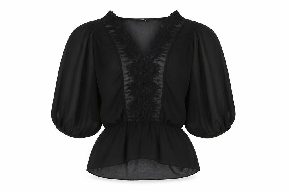 Front view of M&Co women’s black polyester basic blouse, size UK 12, v-neck
