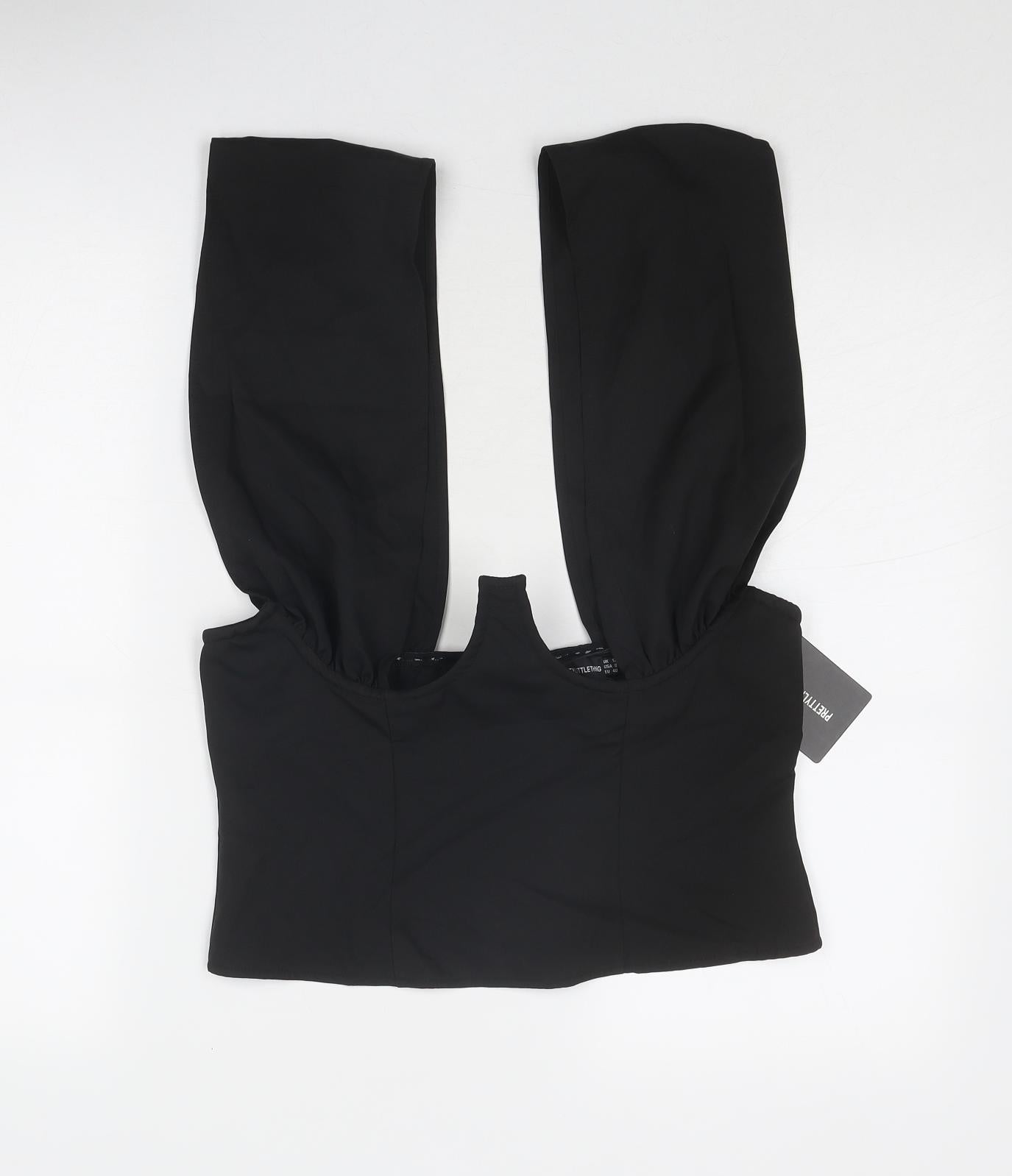 PRETTYLITTLETHING Womens Black Polyester Cropped Blouse Size 12 Sweetheart