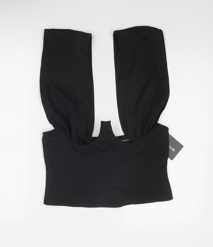 PRETTYLITTLETHING Womens Black Polyester Cropped Blouse Size 12 Sweetheart
