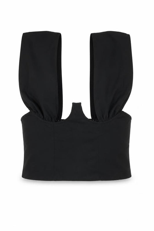 Front view of PRETTYLITTLETHING women’s black polyester cropped blouse, size UK 12, sweetheart