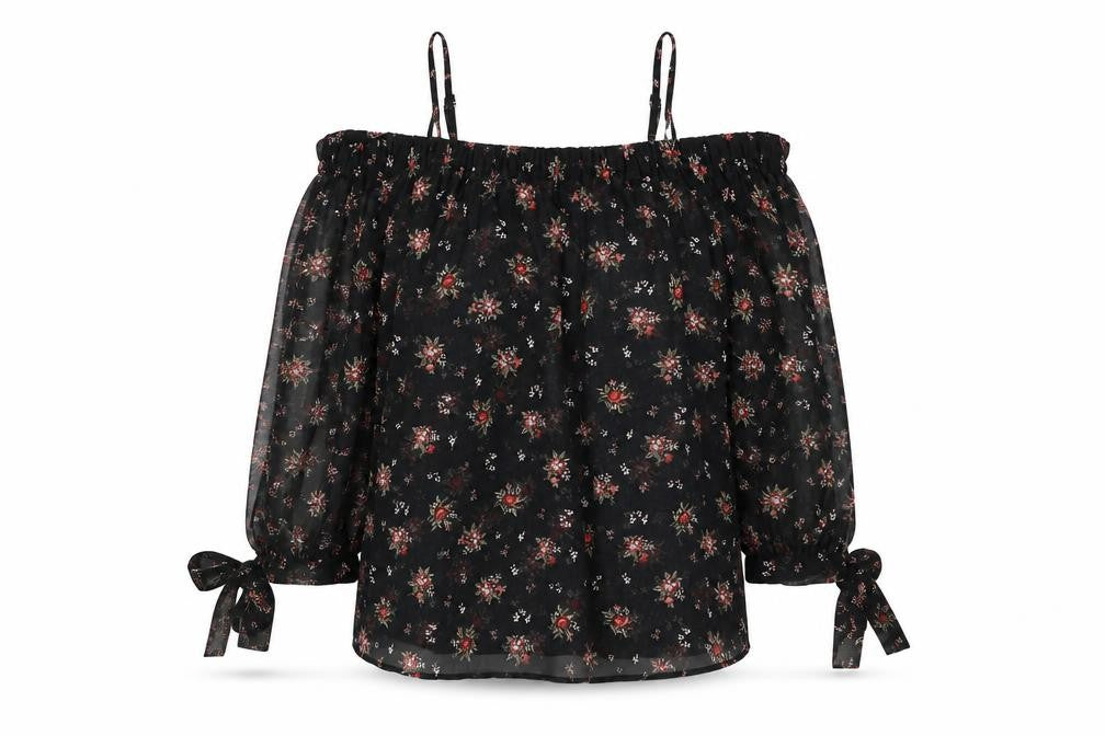 Front view of Marks & Spencer women’s black geometric polyester basic blouse, size UK 10, square neck - cold shoulder