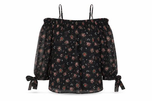 Front view of Marks & Spencer women’s black geometric polyester basic blouse, size UK 10, square neck - cold shoulder