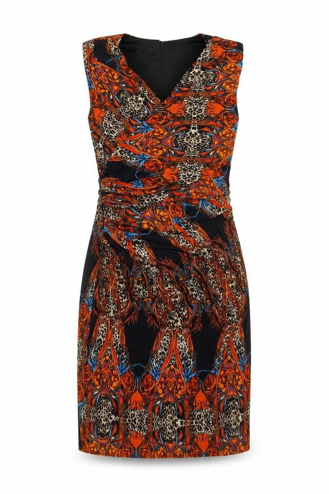Front view of Ariella women’s multicoloured geometric polyester a-line, size UK 10, v-neck button