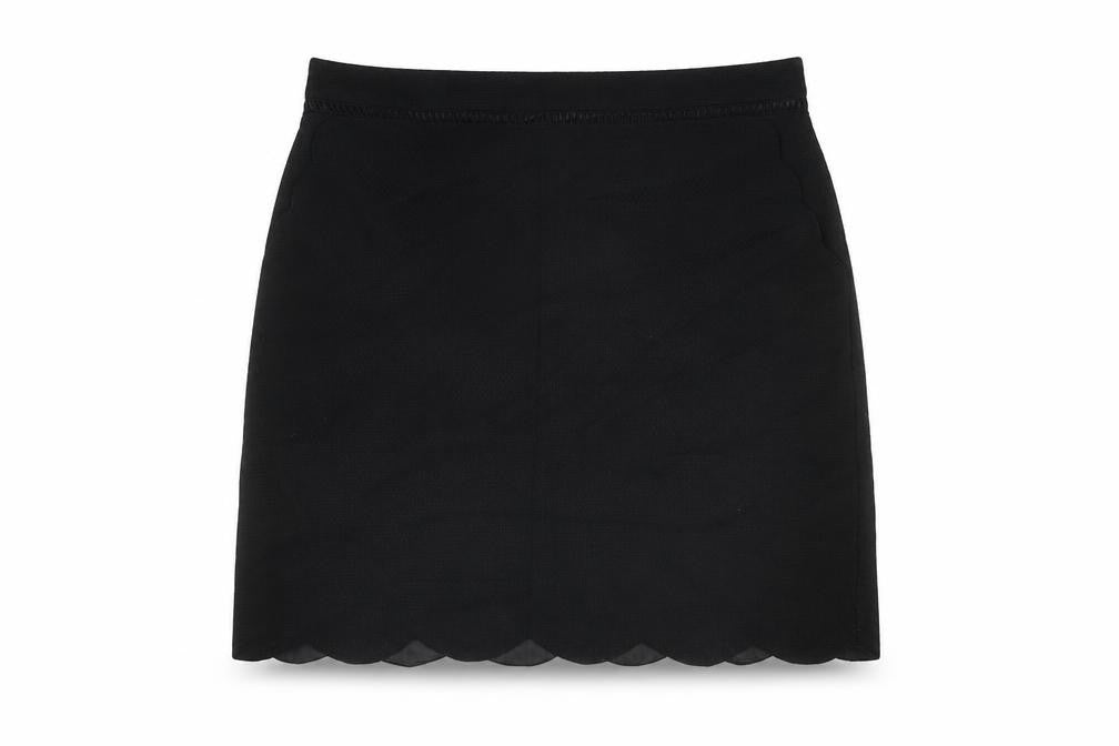Front view of Oasis women’s black polyester a-line skirt, size UK 10, zip