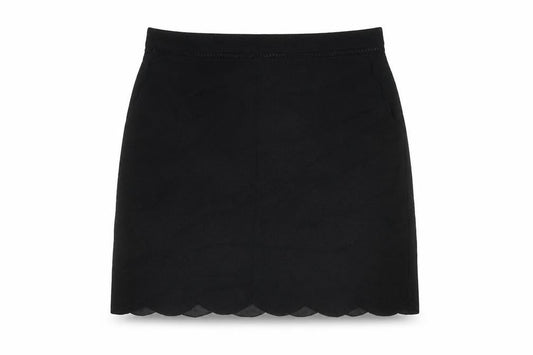 Front view of Oasis women’s black polyester a-line skirt, size UK 10, zip
