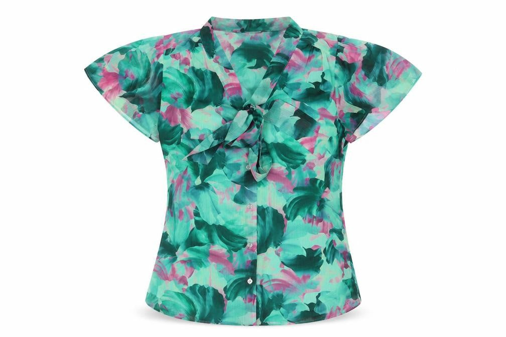 Front view of Portmans women’s green geometric polyester basic blouse, size UK 6, v-neck