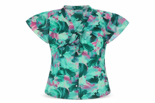 Front view of Portmans women’s green geometric polyester basic blouse, size UK 6, v-neck