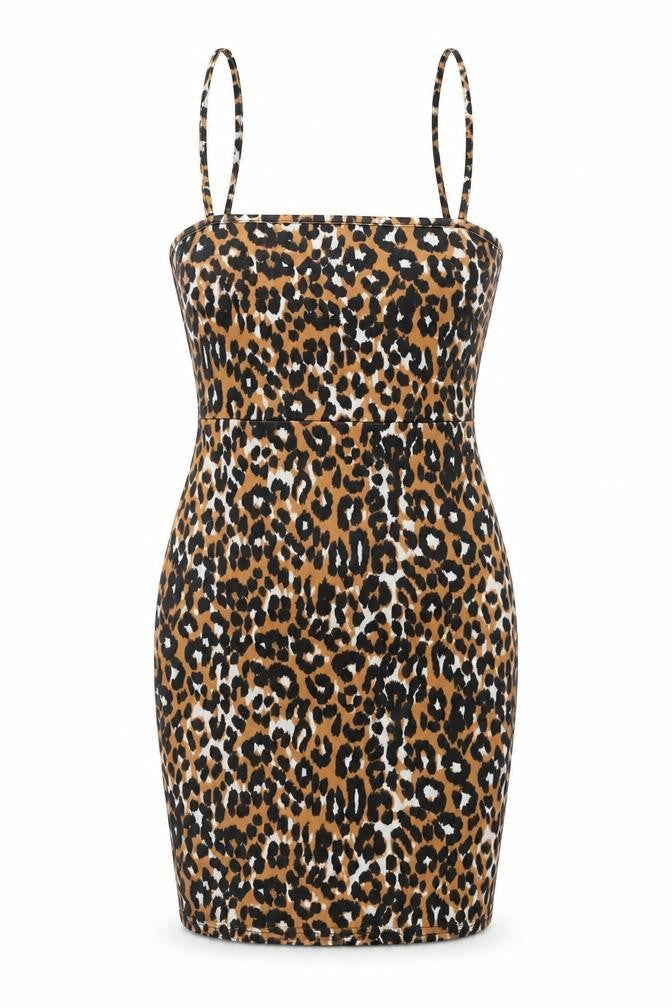 Front view of Daisy Street women’s brown animal print polyester bodycon, size UK 8, square neck pullover - leopard pattern