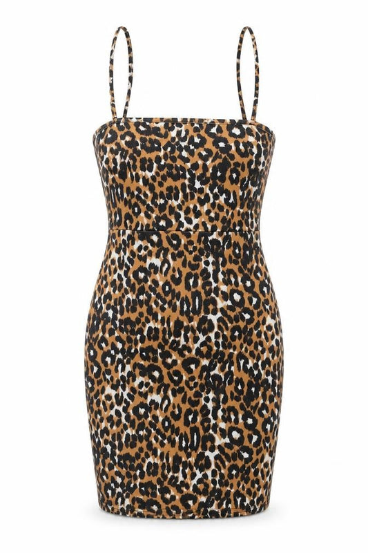 Front view of Daisy Street women’s brown animal print polyester bodycon, size UK 8, square neck pullover - leopard pattern