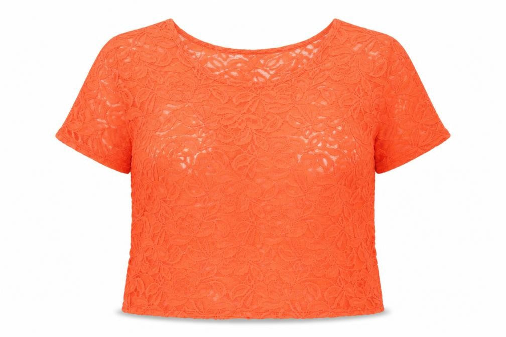 Front view of Miss Selfridge women’s orange geometric polyester basic blouse, size UK 14, round neck