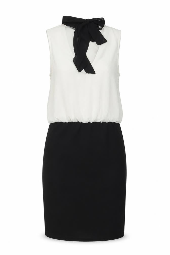Front view of Izabel London women’s black colourblock polyester a-line, size UK 8, halter tie