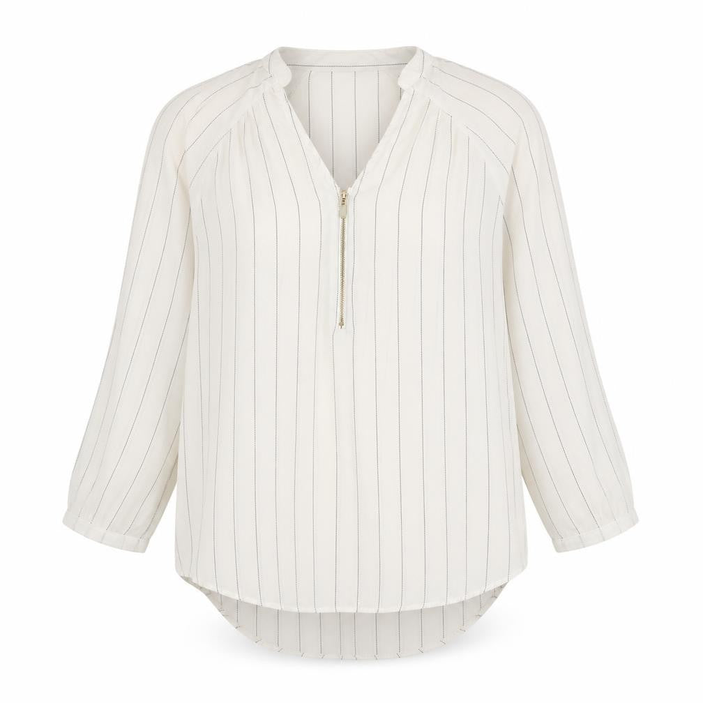 Front view of Marks & Spencer women’s white striped polyester basic blouse, size UK 8, v-neck