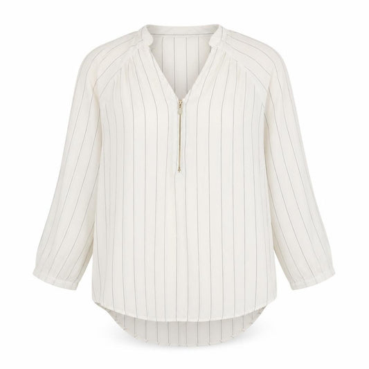 Front view of Marks & Spencer women’s white striped polyester basic blouse, size UK 8, v-neck