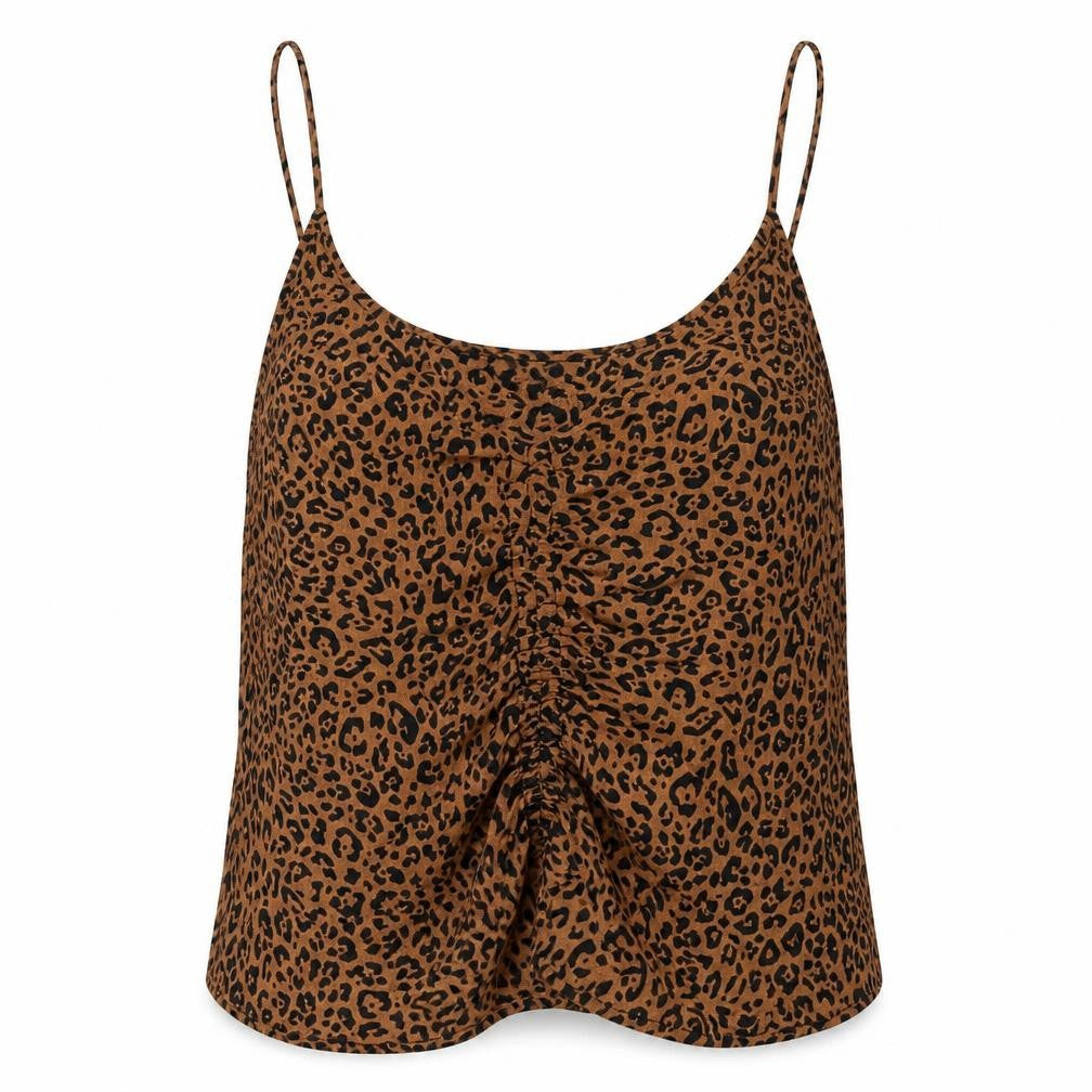 Front view of H&M women’s brown animal print polyester basic tank, size UK 10, round neck - leopard print