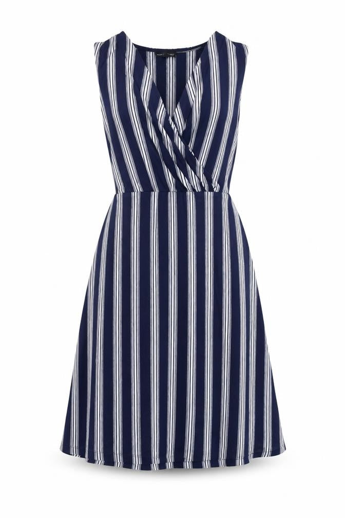 Front view of Warehouse women’s blue striped viscose trapeze & swing, size UK 8, v-neck pullover