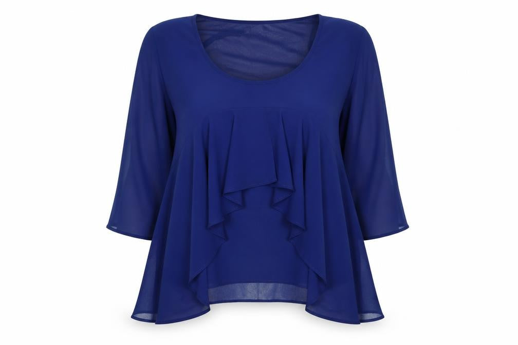 Front view of Ultra Pink women’s blue polyester basic blouse, size L, round neck
