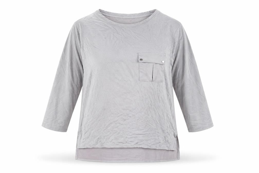 Front view of New Look women’s grey viscose basic blouse, size UK 12, round neck