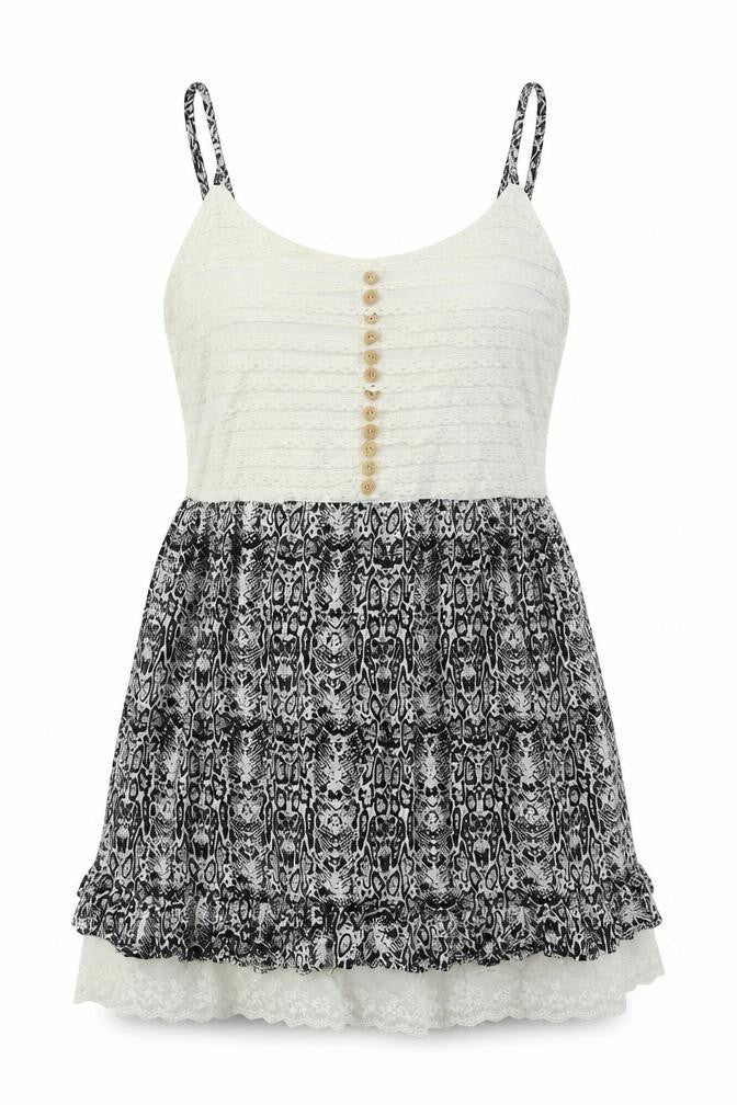 Front view of Klass women’s black geometric viscose basic tank, size UK 14, round neck