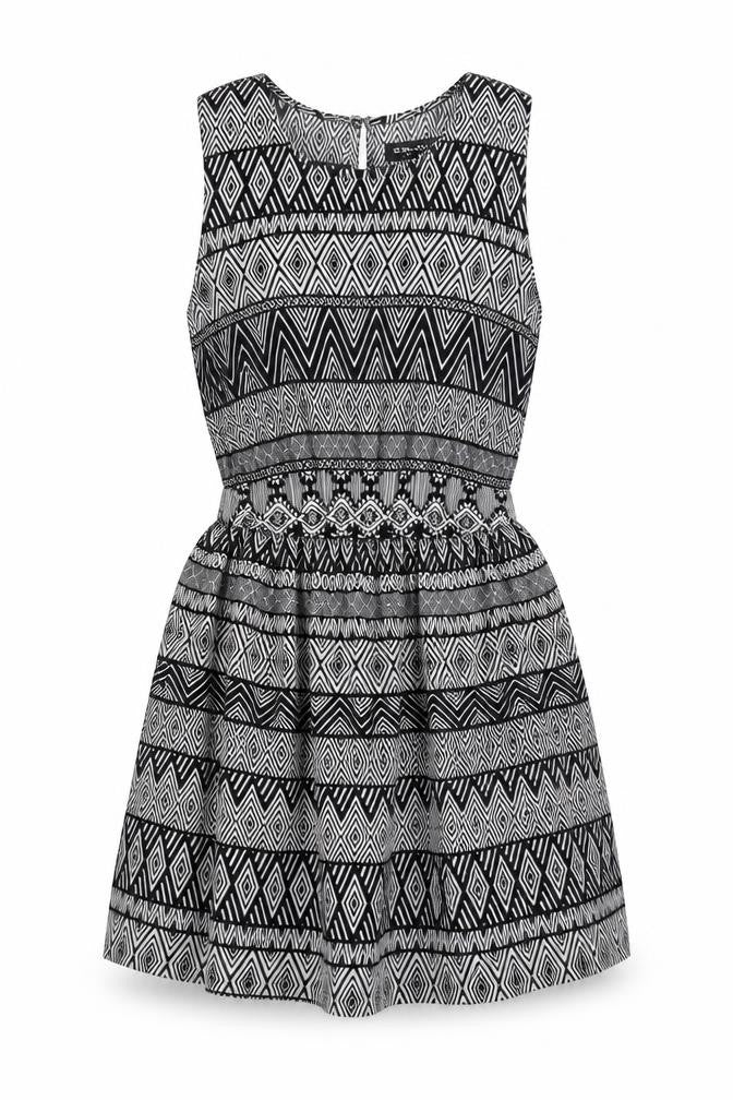 Front view of Select women’s black geometric polyester skater dress, size UK 8, round neck button