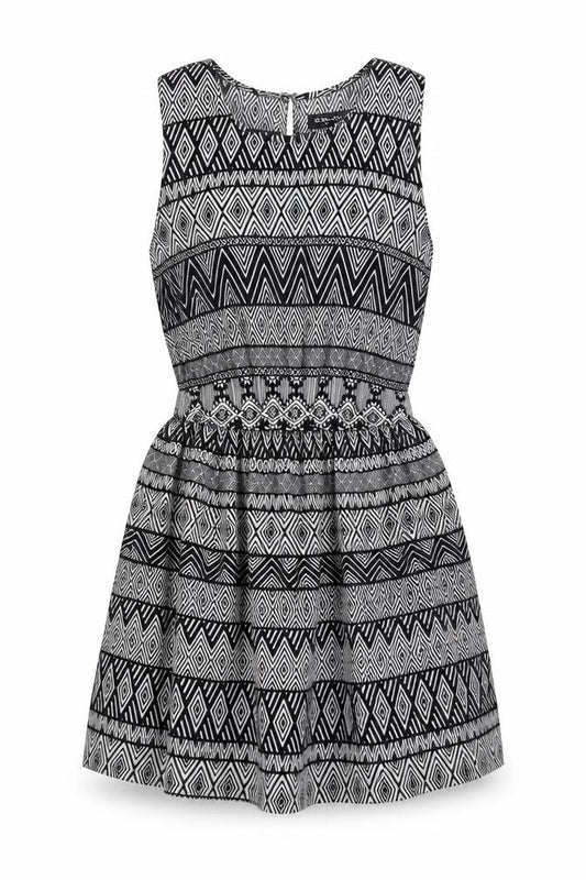 Front view of Select women’s black geometric polyester skater dress, size UK 8, round neck button