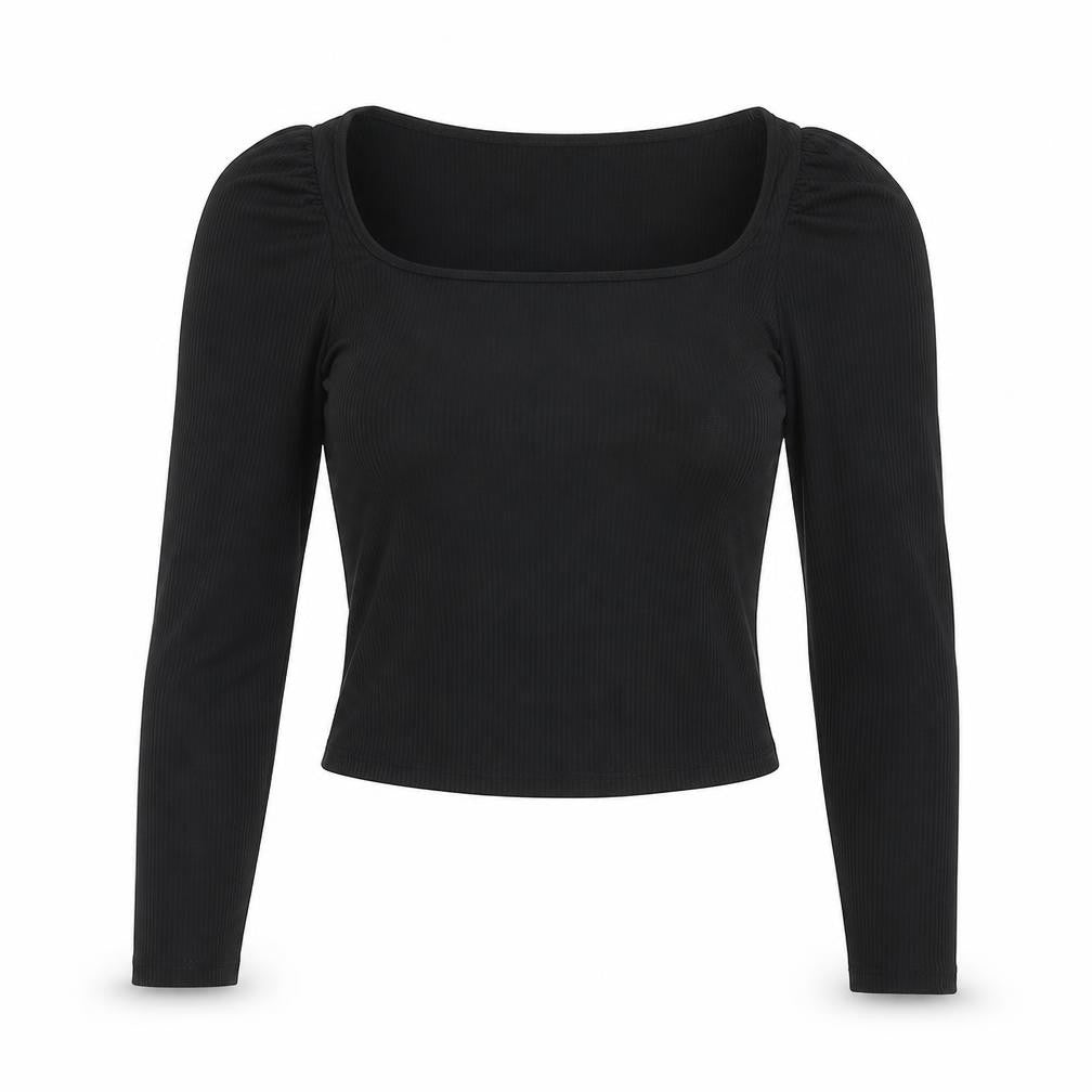 Front view of Lola Skye women’s black polyester basic t-shirt, size UK 10, boat neck - ribbed