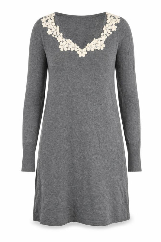 Front view of Oasis women’s grey 100% cotton a-line, size M, round neck pullover - flower detail
